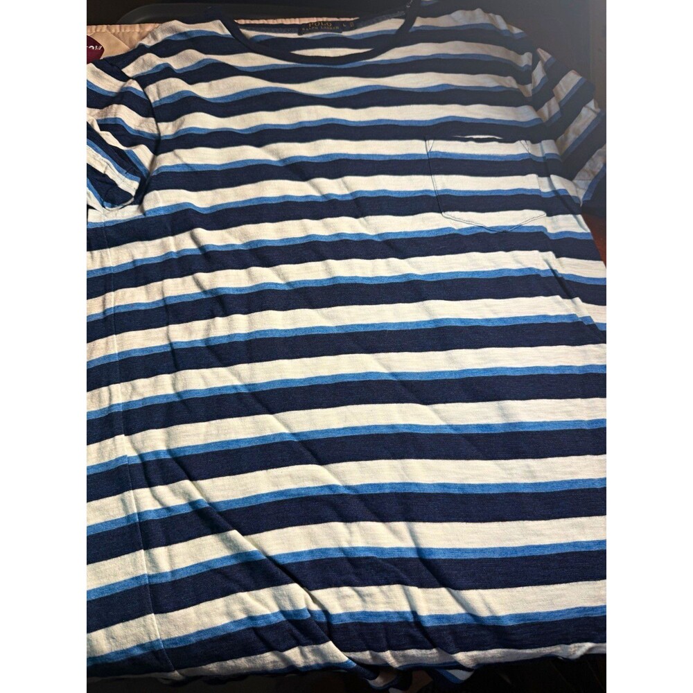 Polo Ralph Lauren Men's Blue White Striped Pocket T-Shirt L Crew Neck SS